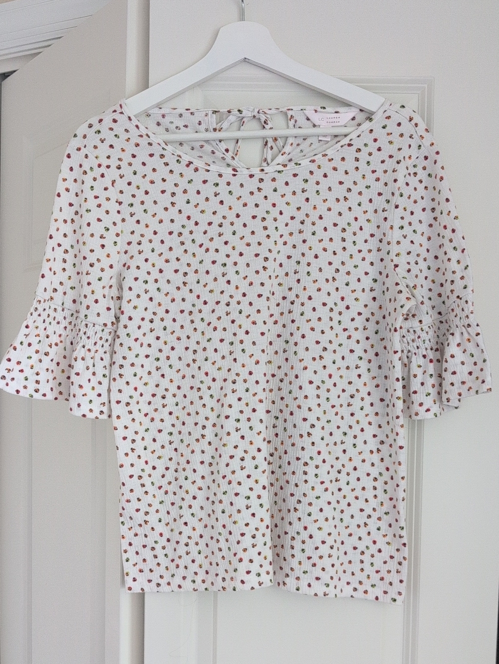 LC Lauren Conrad White Top with Multi Color Dot Print and Ruffle Sleeves